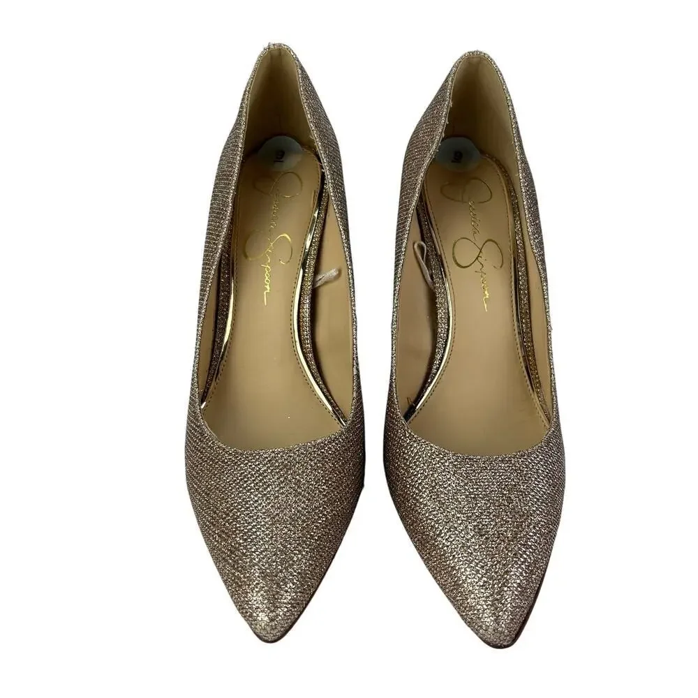 EUC Jessica Simpson Oravia 9 Shimmer Glitter Sparkle Gold Pump Heel Pointed Toe